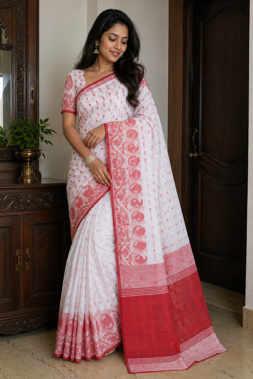 Red & White Handloom Cotton Jamdani Saree with All Over Weaving Work