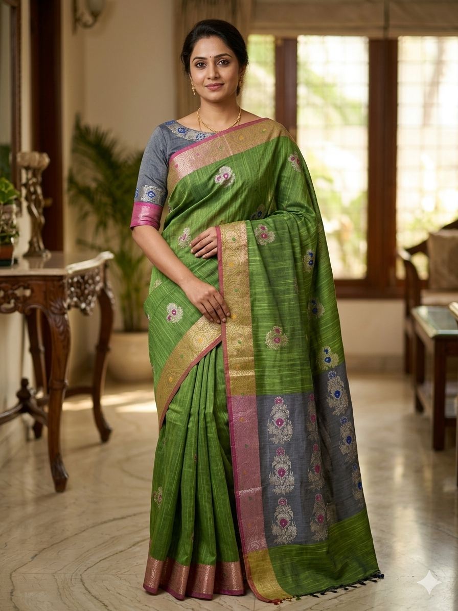Mangalagiri Jari Border Saree | Parrot Green with Contrast Pallu & Blouse