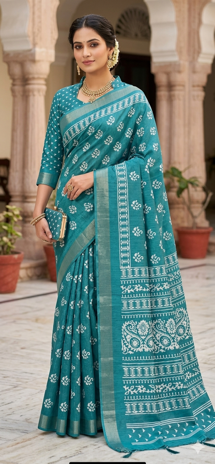 Pure Silk Replica Block Print Saree with Blouse Piece | Rich Teal Blue