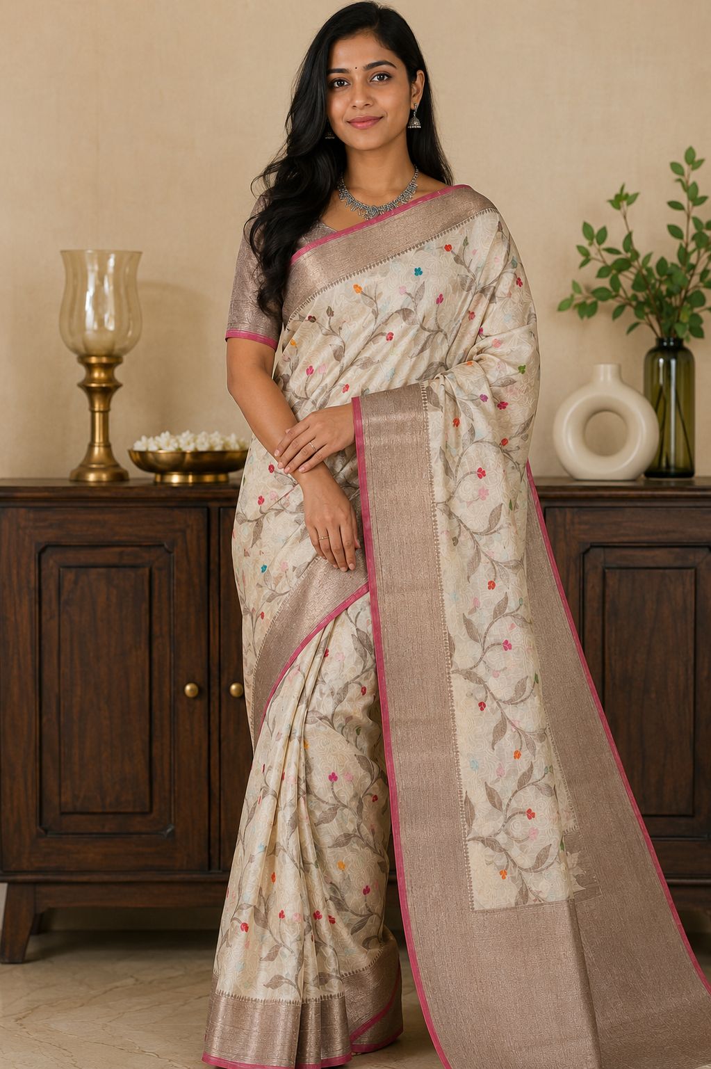 Elegant Semi Tussar Saree with Zari Weaving & Broket Blouse Piece